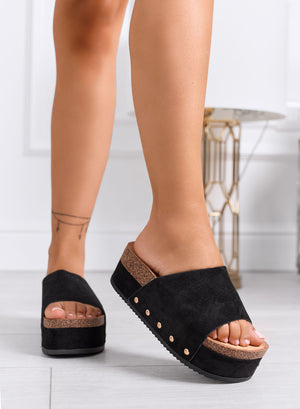 ORIO - Sandalias de cuña negras con plataforma, banda ancha y remaches laterales
