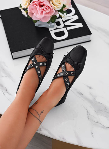 Black satin ballet flats with straps