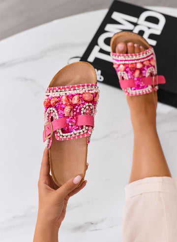 POLLY - Sandales mules fuchsia avec applications et boucle dorée