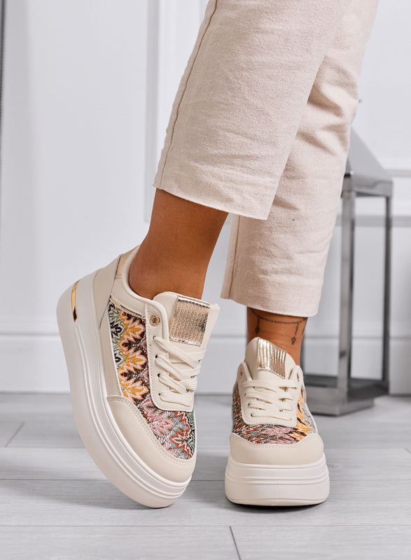 PRAGA - Sneakers beige platform con inserti in tessuto a fantasia