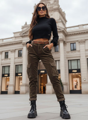 Pantalón verde de canalé con bolsillos laterales