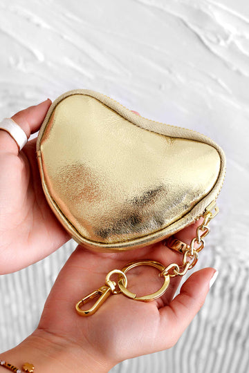 Metallic gold heart-shaped coin purse with zipper