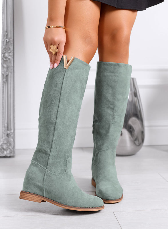 RANDA - Green suede boots with V detail by Alexoo featuring an internal wedge