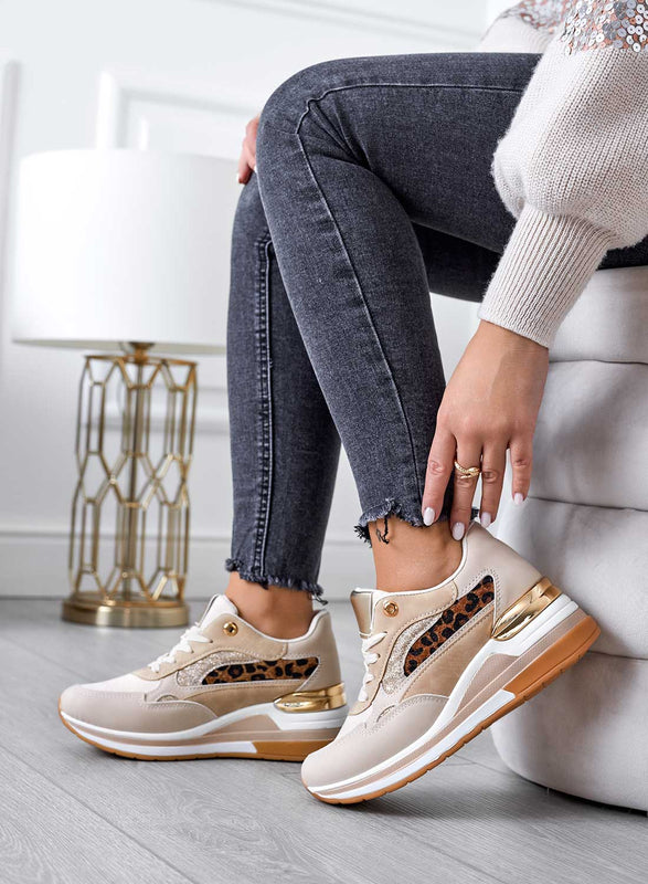 Sneakers beige con inserti glitter e maculati