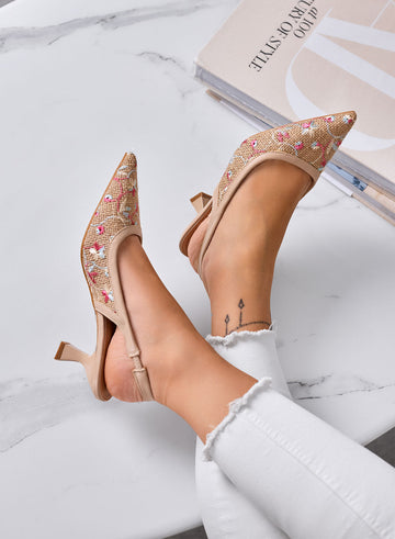 REMY - Zapatos destalonados beige de punta con bordado multicolor y tacón bajo de 7 cm