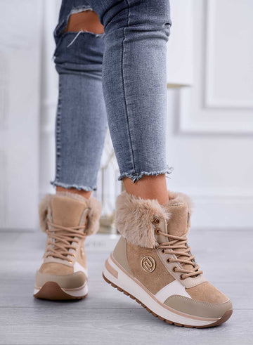 Mud-colored wedge sneakers with faux fur trim