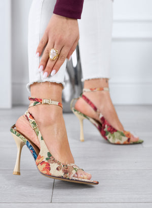 ROBERTA - Sandalias beige con estampado floral multicolor con tacón y correa