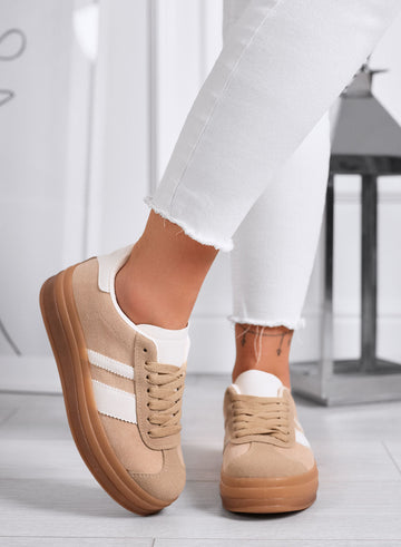 ROGER - Zapatillas Platform Beige Ante con Detalles Blancos