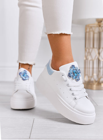 RONNIE - Zapatillas blancas con plataforma y maxi flor joya azul