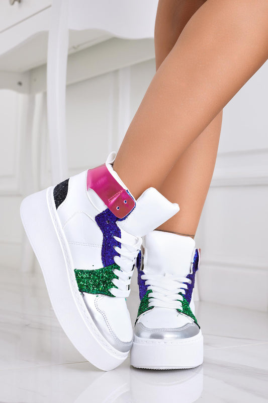 ROSINA - Zapatillas deportivas blancas con inserciones de purpurina multicolor