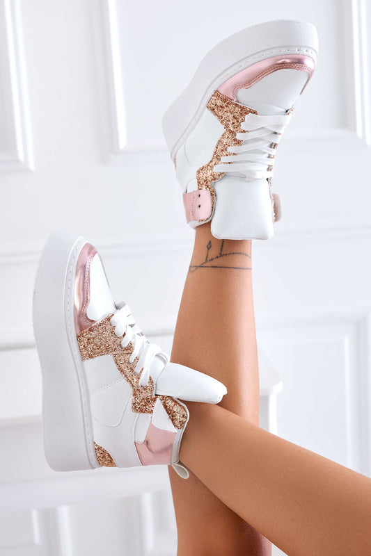 ROSINA - Zapatillas deportivas blancas con inserciones de purpurina oro rosado