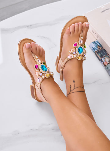 ROSSANA - Nude jeweled sandals with multicolor stones