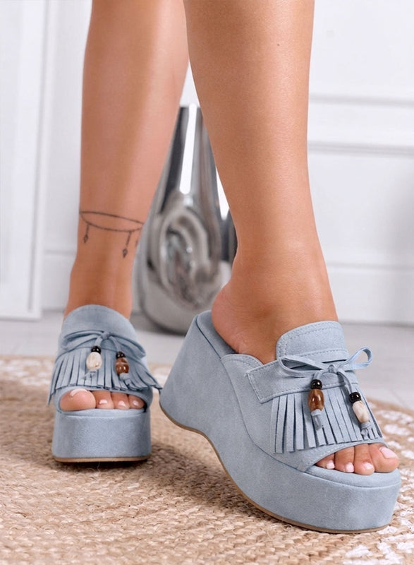 ROVE - Taupe wedge mules with fringe
