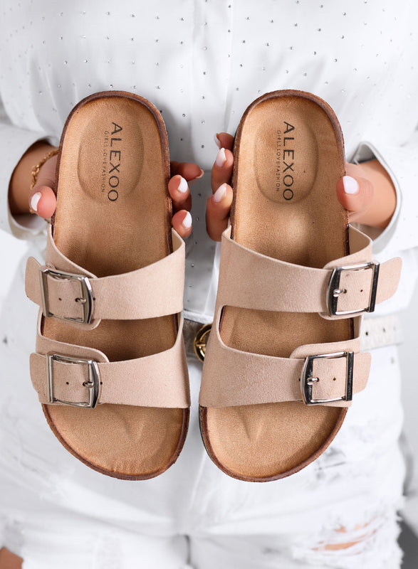 ROXY - Sandalias tipo chancla beige de ante con hebillas