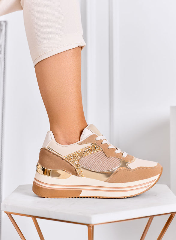 RUBINA - Zapatillas beige con detalles de glitter y metalizados