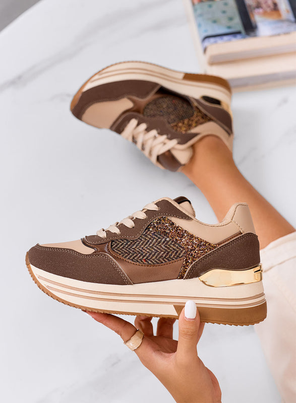 RUBINA - Zapatillas marrones con detalles de glitter y metalizados