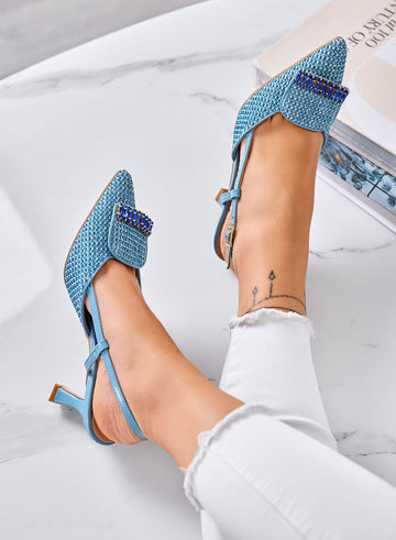 RUSH - Zapatos de tacón azules Slingback trenzados con aplicación de joya