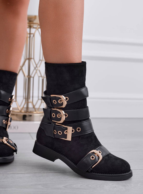 SABINA - Black suede ankle boots with gold buckles