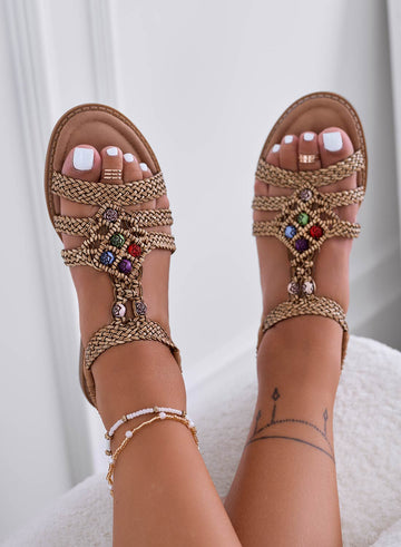 SAMANTA - Sandalias planas color barro de tejido trenzado y rosas multicolor