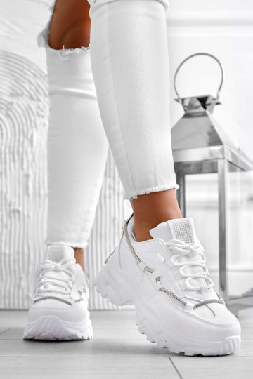 White sneakers with high sole and rhinestones