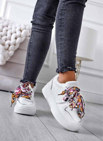 White sneakers with multicolor fabric laces