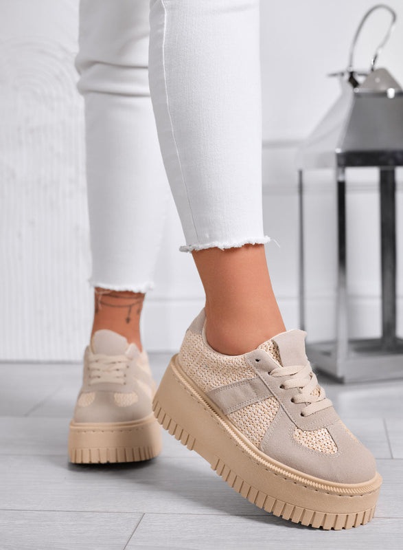 SHELBY - Zapatillas Platform Beige con Insertos en Tejido