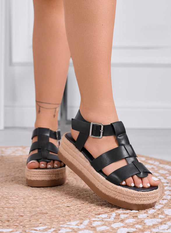SHELLY - Sandalias negras tipo plataforma con tiras anchas y suela de cuerda