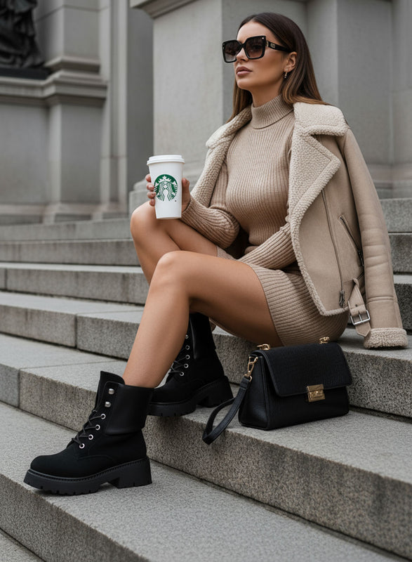 SIMONA - Black ankle boots, lace-up combat style with suede turn-down cuff