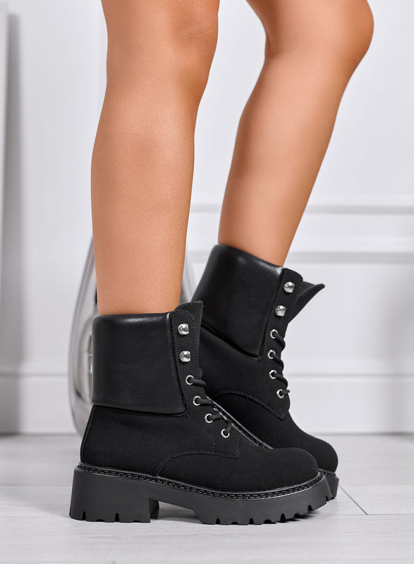 SIMONA - Black ankle boots, lace-up combat style with suede turn-down cuff