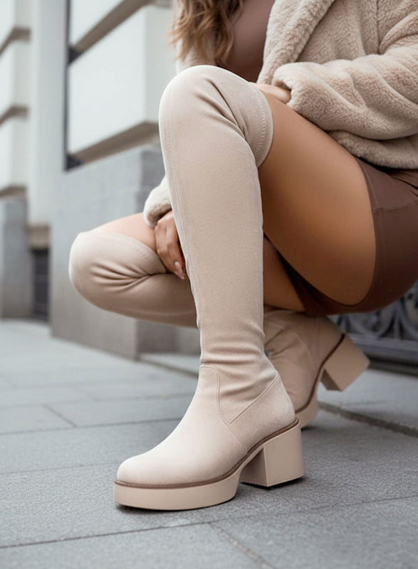 SLOANE - Alexoo beige suede over-the-knee boots