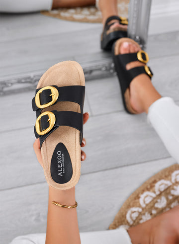 SOFIA - Sandalias negras tipo ciabatta platform con doble hebilla dorada