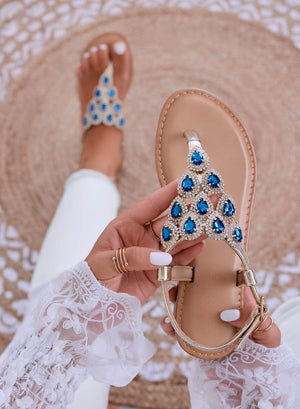 STEVEN - Sandalias joya doradas tipo chancla con piedras azules