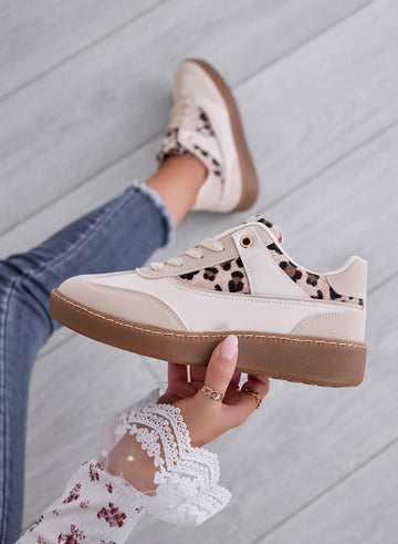 TEODORA - Beige sneakers with brown sole and leopard print inserts