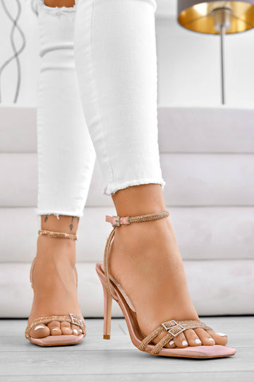 Sandalias joya rosas con tacón alto y correa