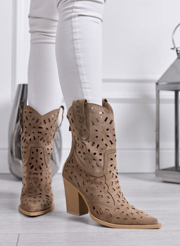 TIZIANA - Perforated Mud Texan Ankle Boots with Heel