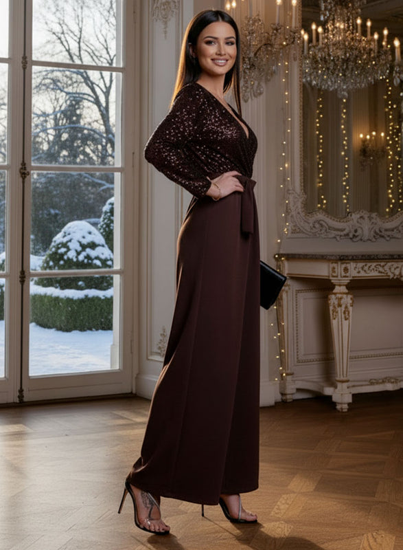 Mono largo marrón con top de lentejuelas