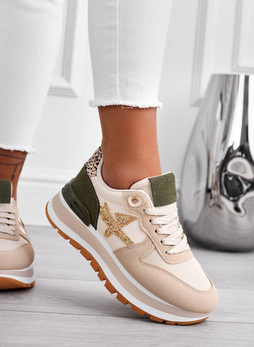 TYLER - Baskets beiges avec empiècements verts et paillettes dorées