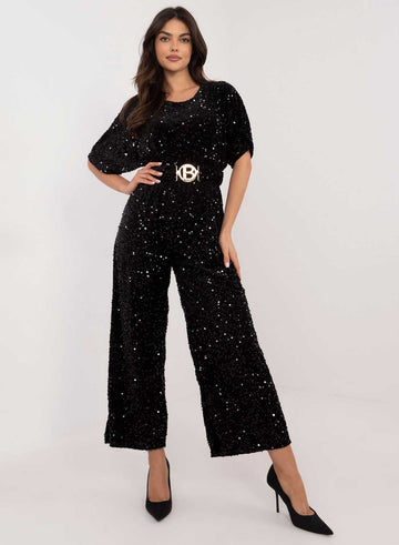 Black sequin jumpsuit with waist belt