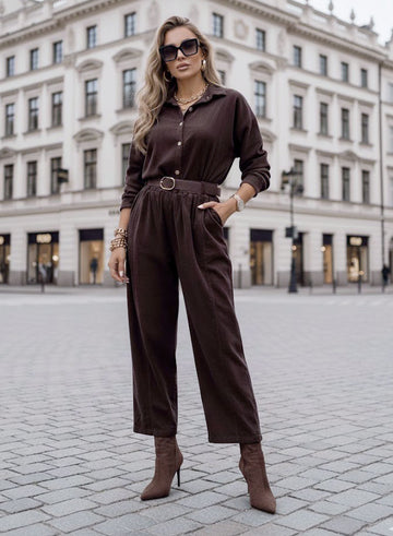 Brown ribbed jumpsuit with belt