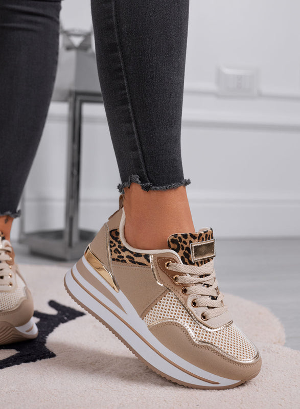 VALDA - Zapatillas marrón con suela gruesa e insertos de leopardo y dorados