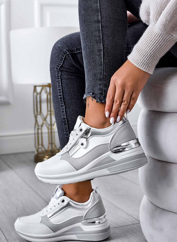 White sneakers with silver inserts
