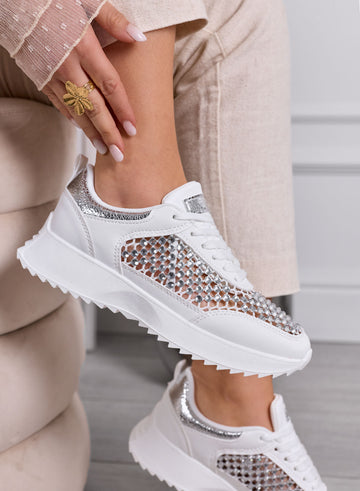 VANESSA - Sneakers Bianche Traforate con Strass e inserti argento