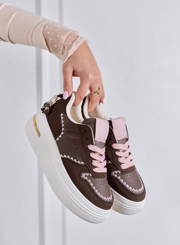 VERONICA - Sneakers marroni Platform con Cuciture a Contrasto rosa