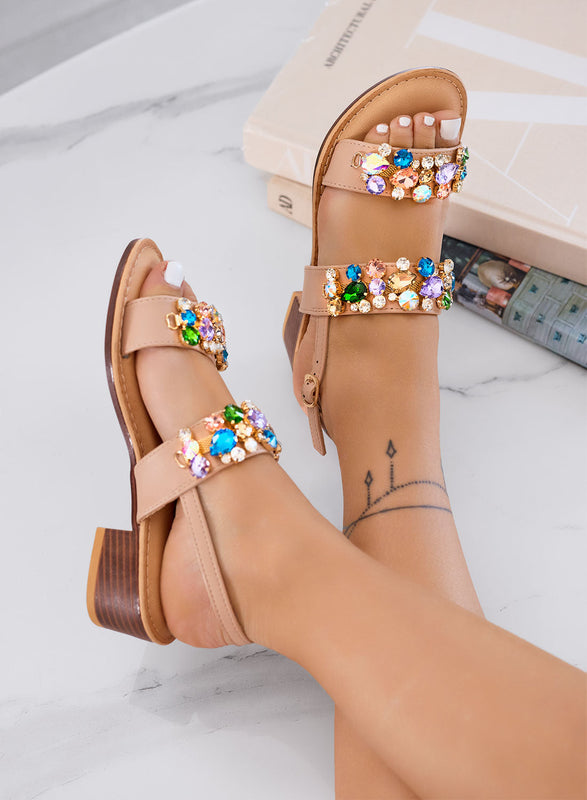 VITTORIA - Sandalias beige de joya con tacón bajo y strass multicolor