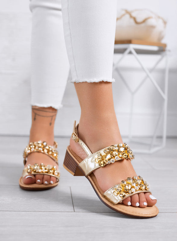 VITTORIA - Sandalias oro de joya con tacón bajo y strass