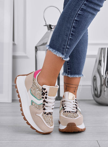VIVIANA - Beige sneakers with gold glitter and leopard print inserts
