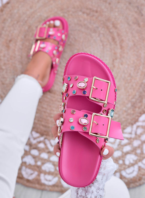 VIXIE - Sandalias tipo zapatilla fucsia con piedras