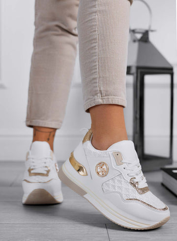 WALKER - Zapatillas de mujer blancas con detalles dorados y diseño de malla