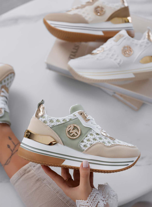 WALKER - Zapatillas de mujer verdes con detalles dorados y diseño de malla