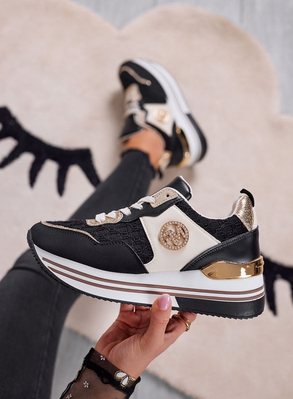 WALKER - Zapatillas de mujer negras con detalles dorados y suela gruesa